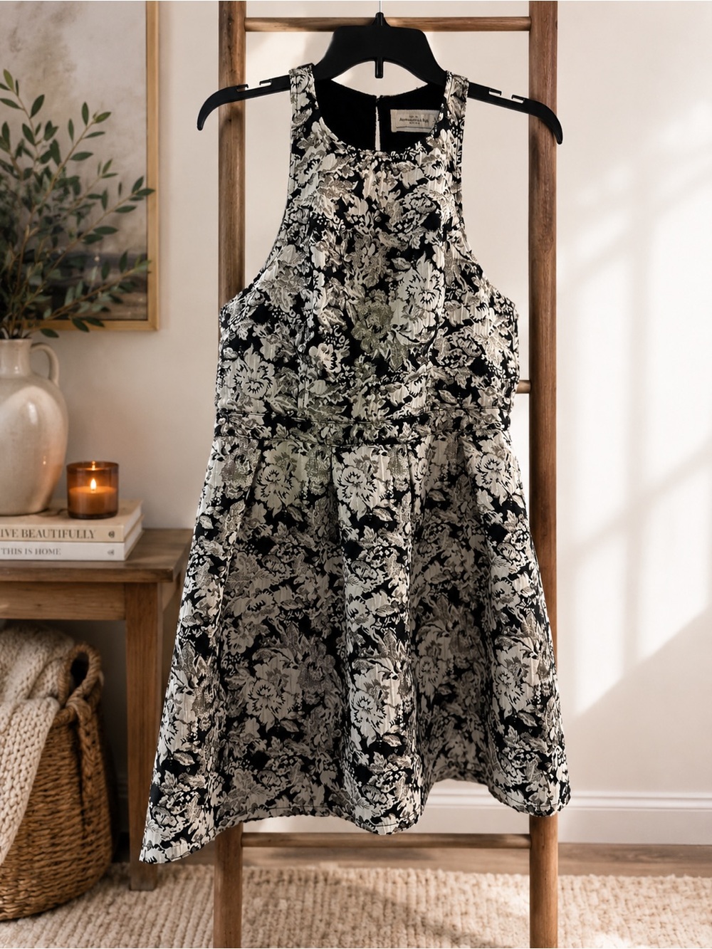 Abercrombie & Fitch Black, Silver, and Cream Floral Fit-and-Flare Dress